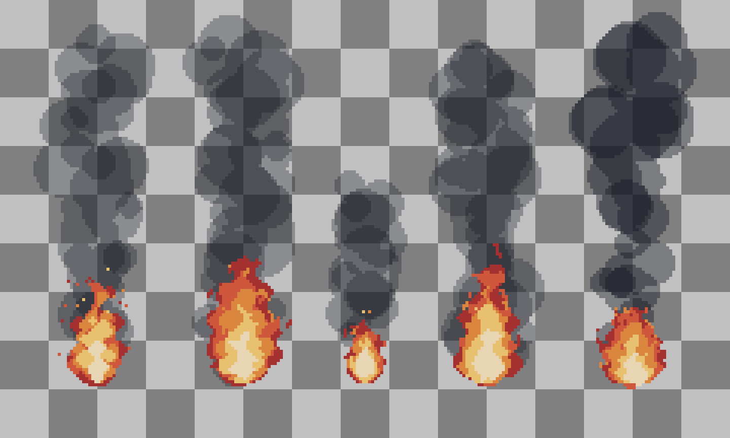 Pixel art fire and smoke sprites in five variations on a gray checkerboard background.