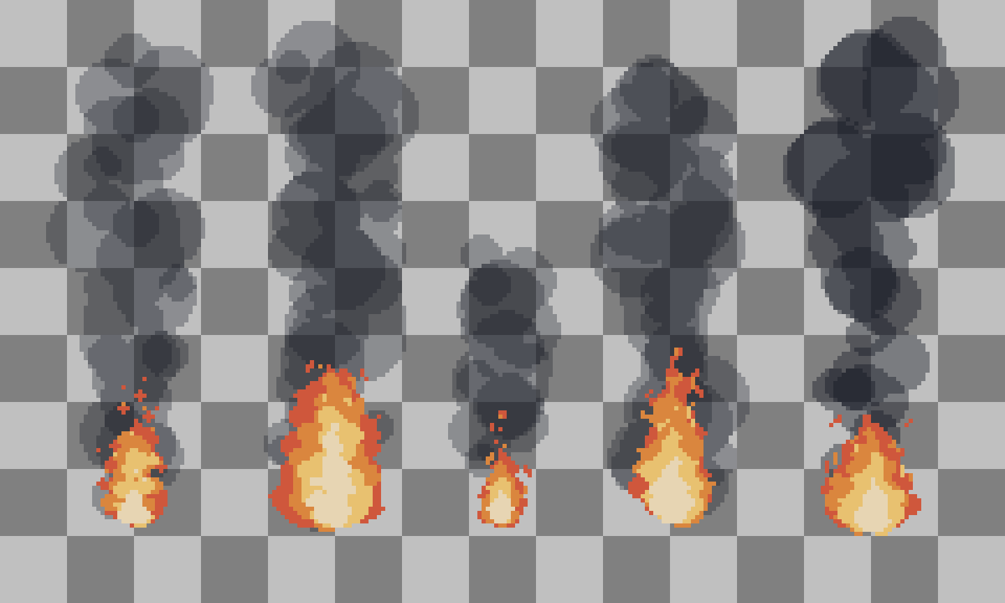 Pixel art fire and smoke sprites in five variations on a gray checkerboard background for game asset use.