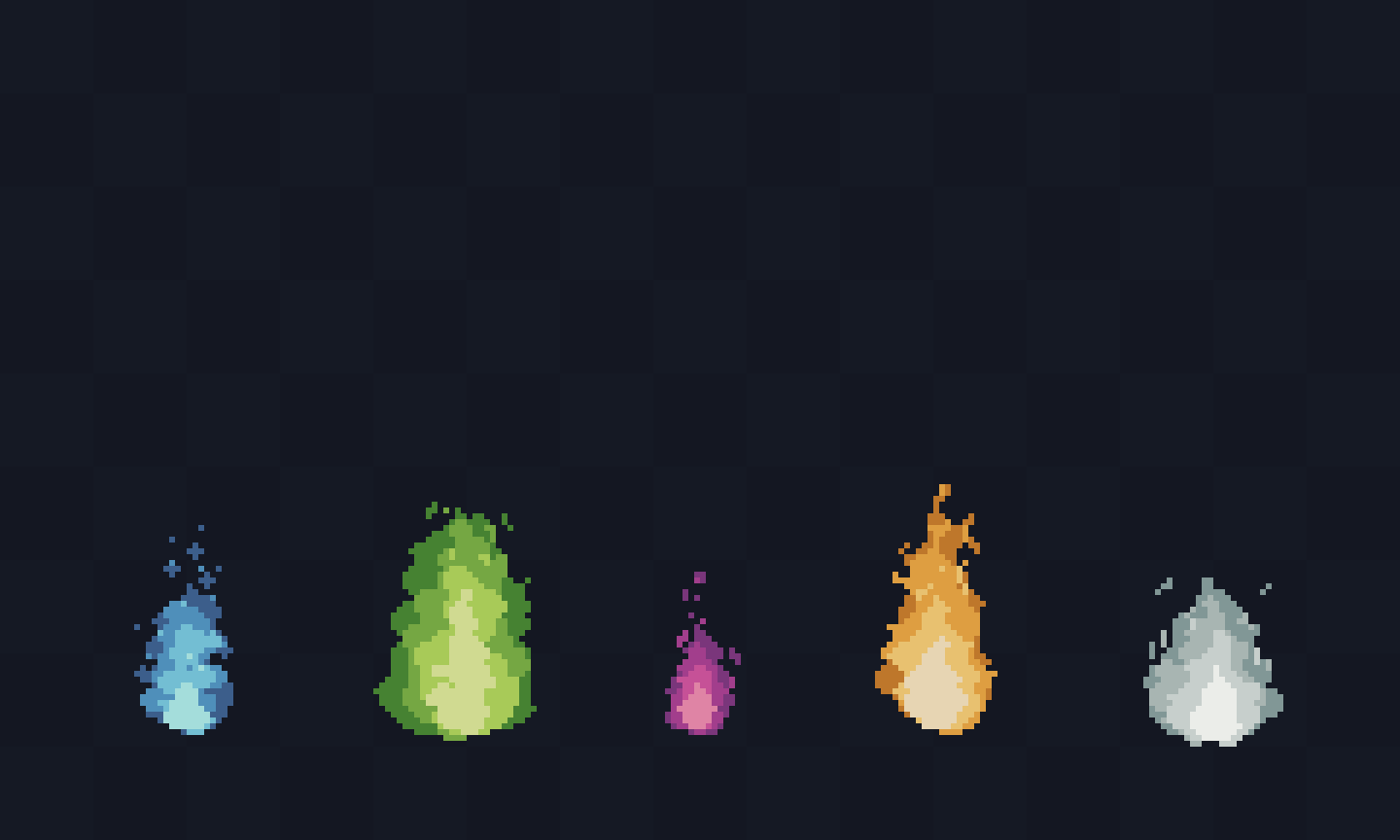 Five pixel art flames in blue, green, pink, orange, and white on a dark checkered background.