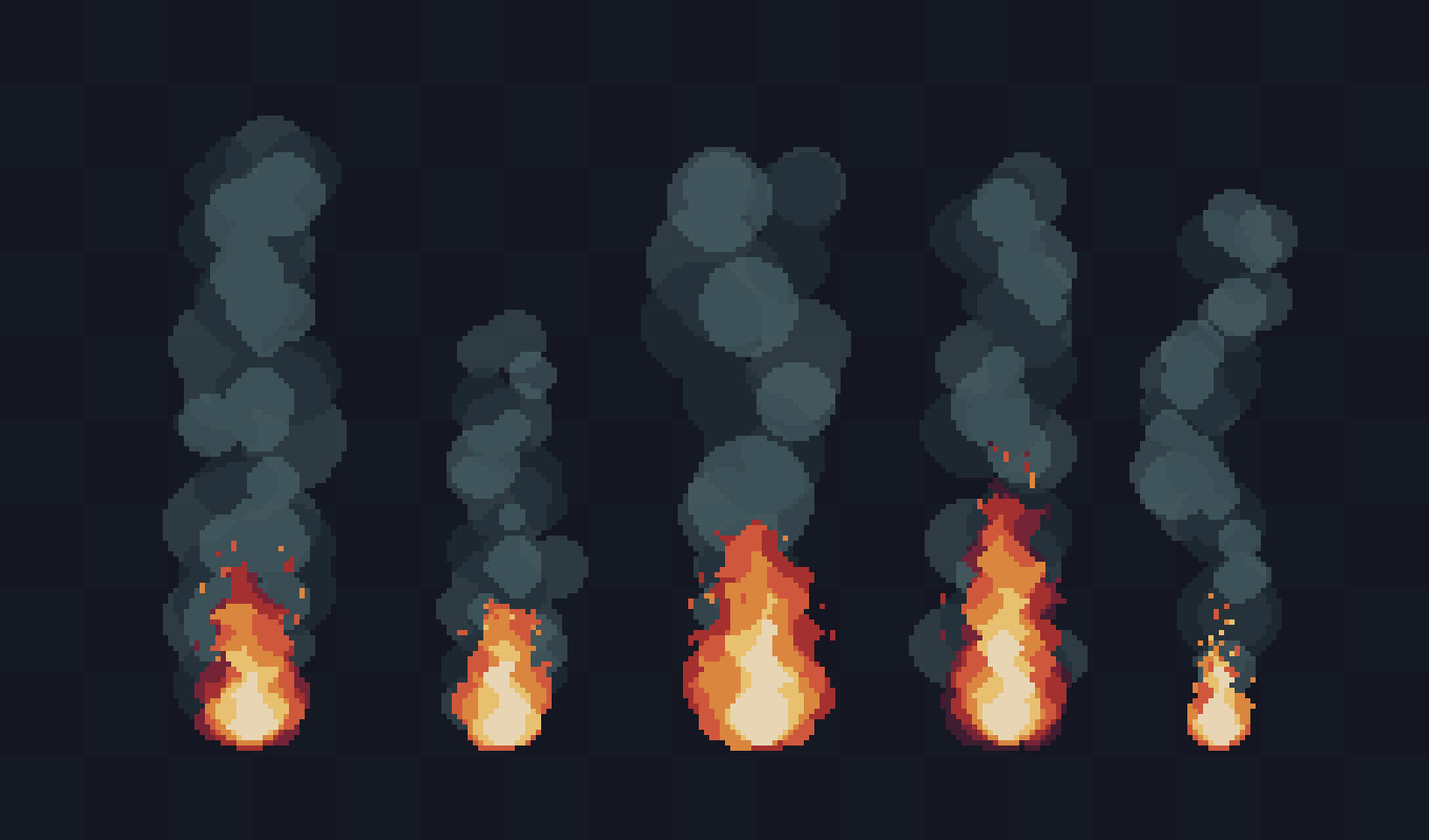 Five pixel art fire and smoke animations on a dark background, each with varying flame and smoke shapes.