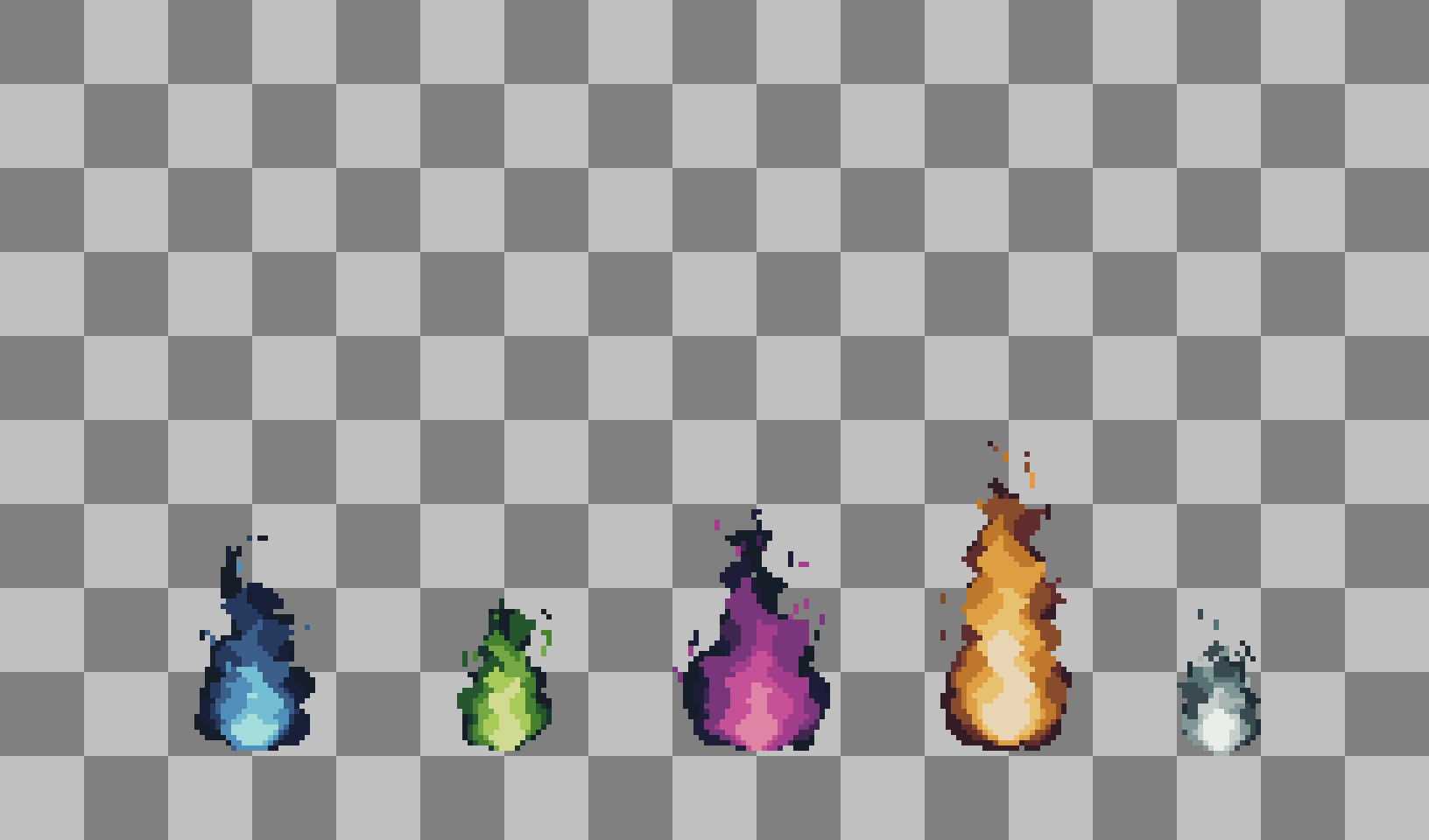 Five pixel art fire animations in blue, green, purple, orange, and white on a checkered background.