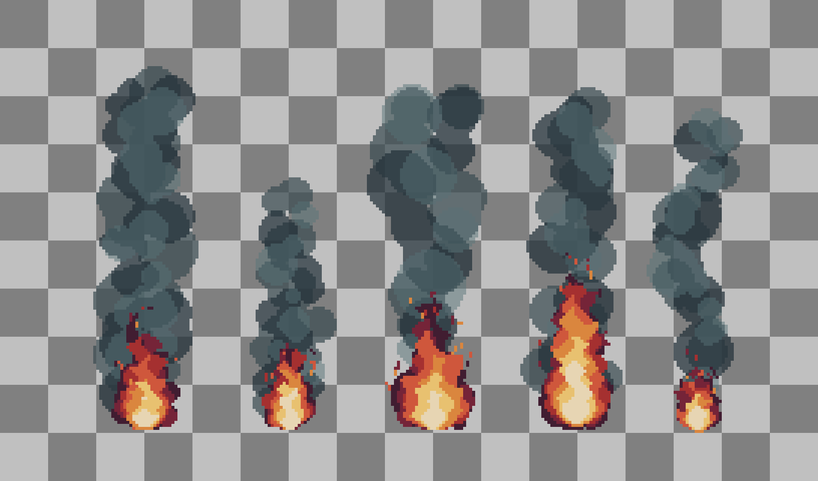Five pixel art fire and smoke sprites on a gray checkerboard background, showing different flame shapes.