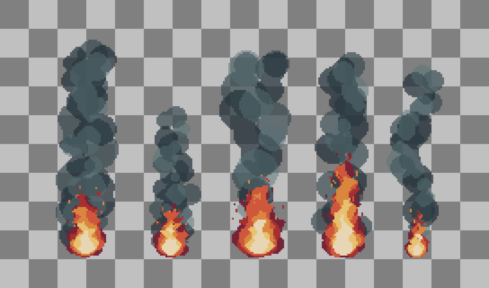 Five pixel art fire and smoke animations on a gray checkerboard background, showing different fire shapes.