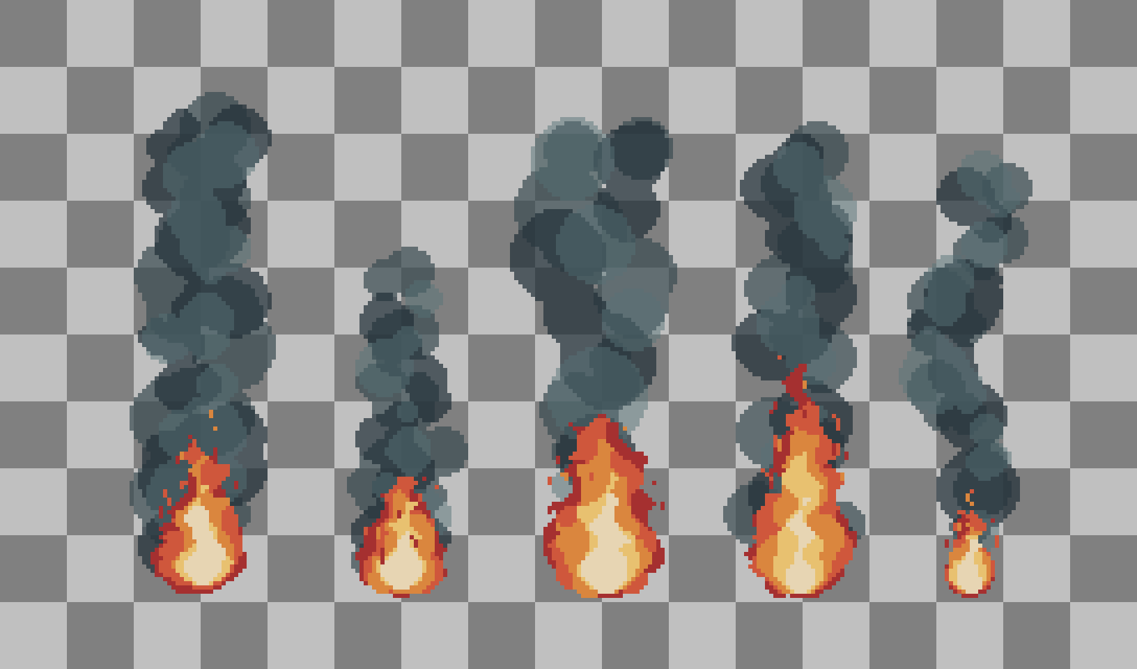 Five pixel art fire and smoke sprites on a gray checkerboard background, showing different flame sizes.