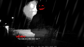 WEIRDO: "You really are a little bitch, huh ?" Dark game scene with a hooded figure, glowing red eyes and mouth, and dialogue text at the bottom.