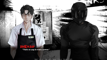 BAKER BOY: "That's no way to treat a woman." Two characters stand in a black and white alley; one wears a bakery apron, the other is in a black motorcycle helmet and suit.