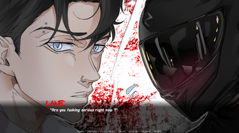 LANE: 'Are you fucking serious right now.' Save History Auto Skip Q.Save Q.Load Prefs Close-up of two characters facing each other, one with blue eyes and the other in a black helmet, with blood splatter in the background.
