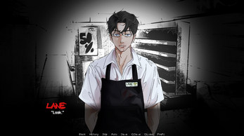 LANE: "Look." Back History Skip Auto Save Q.Save Q.Load Prefs Anime-style man in glasses and apron stands in a dark bakery, with dialogue and game menu options at the bottom.