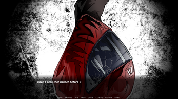 Have I seen that helmet before? Red motorcycle helmet with a cracked visor held by a person, dialogue text at the bottom of a visual novel interface