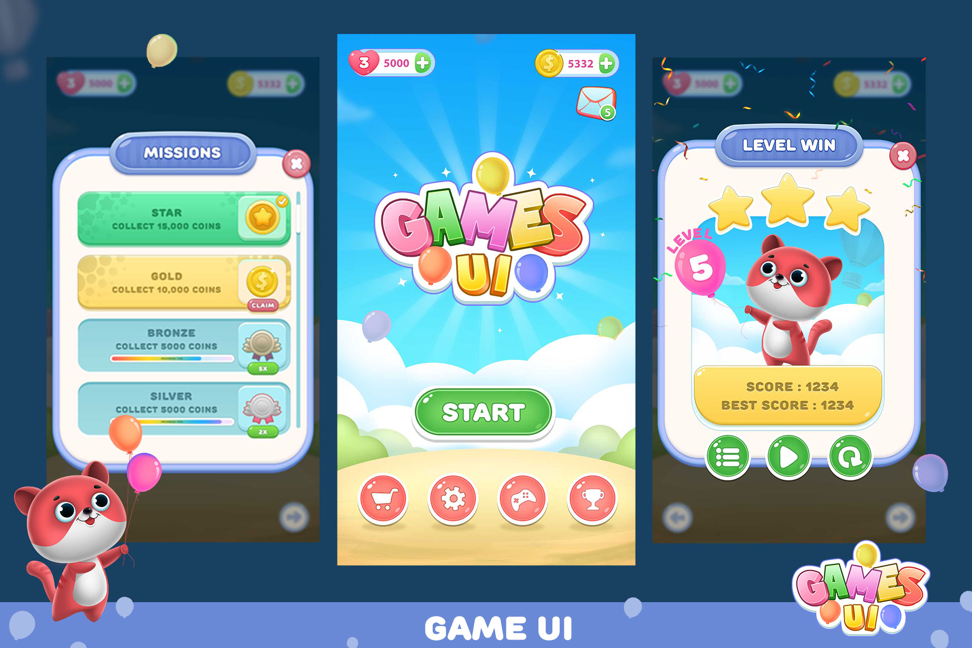 2D Casual Game UI - Mobile GUI Kit by DrowPix
