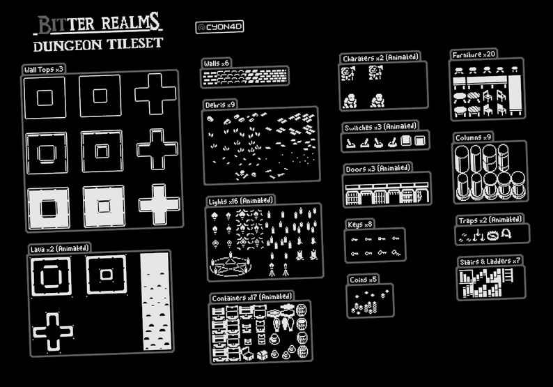 1-Bit Dungeon Tileset - Bitter Realms (16px) by CYON4D