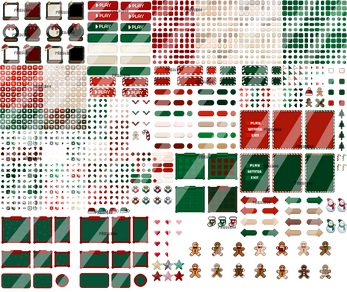 Christmas-themed pixel art tileset with red, green, and white blocks, UI elements, and character sprites.