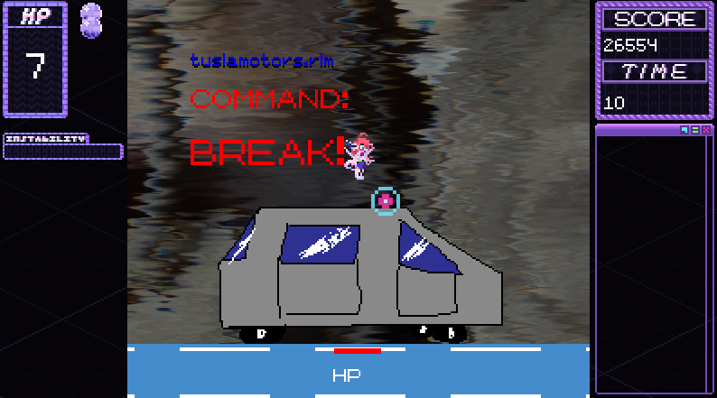 Gameplay screenshot of ExP: Fairy in the Flash, showing the game's minigame system, prompting the player to destroy a Tesla cybertruck.