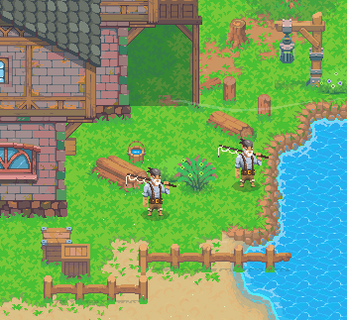 Two pixel art characters fishing by a lakeside near a wooden house and benches in a grassy area.