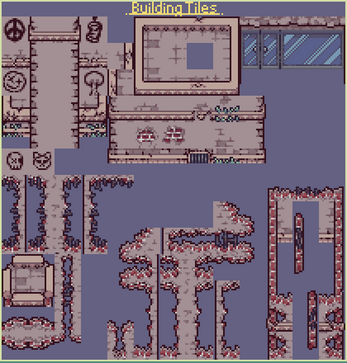 Pixel art tileset with various ruined building parts, windows, doors, and overgrown walls on a purple background.