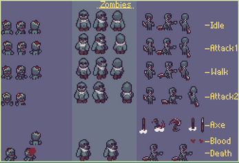 Pixel art sprite sheet showing zombies in various poses, attack animations, and labeled weapon and blood effects.