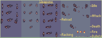 Pixel art weapon spritesheet with guns in various poses and actions, labeled with idle, attack, reload, and fire.