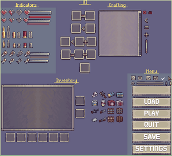 Pixel art game UI with indicators, crafting grid, inventory slots, items, and menu buttons for load, play, quit, save, settings.
