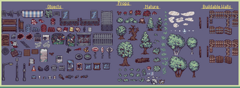 Pixel art asset sheet with objects, props, trees, rocks, clouds, and buildable wall tiles organized by category.