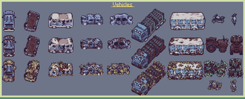 Pixel art sprites of various vehicles, including cars, buses, trucks, motorcycles, and damaged versions.