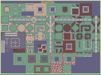 Pixel art tileset with various ground textures, including grass, dirt, stone, and pathways in a grid layout.