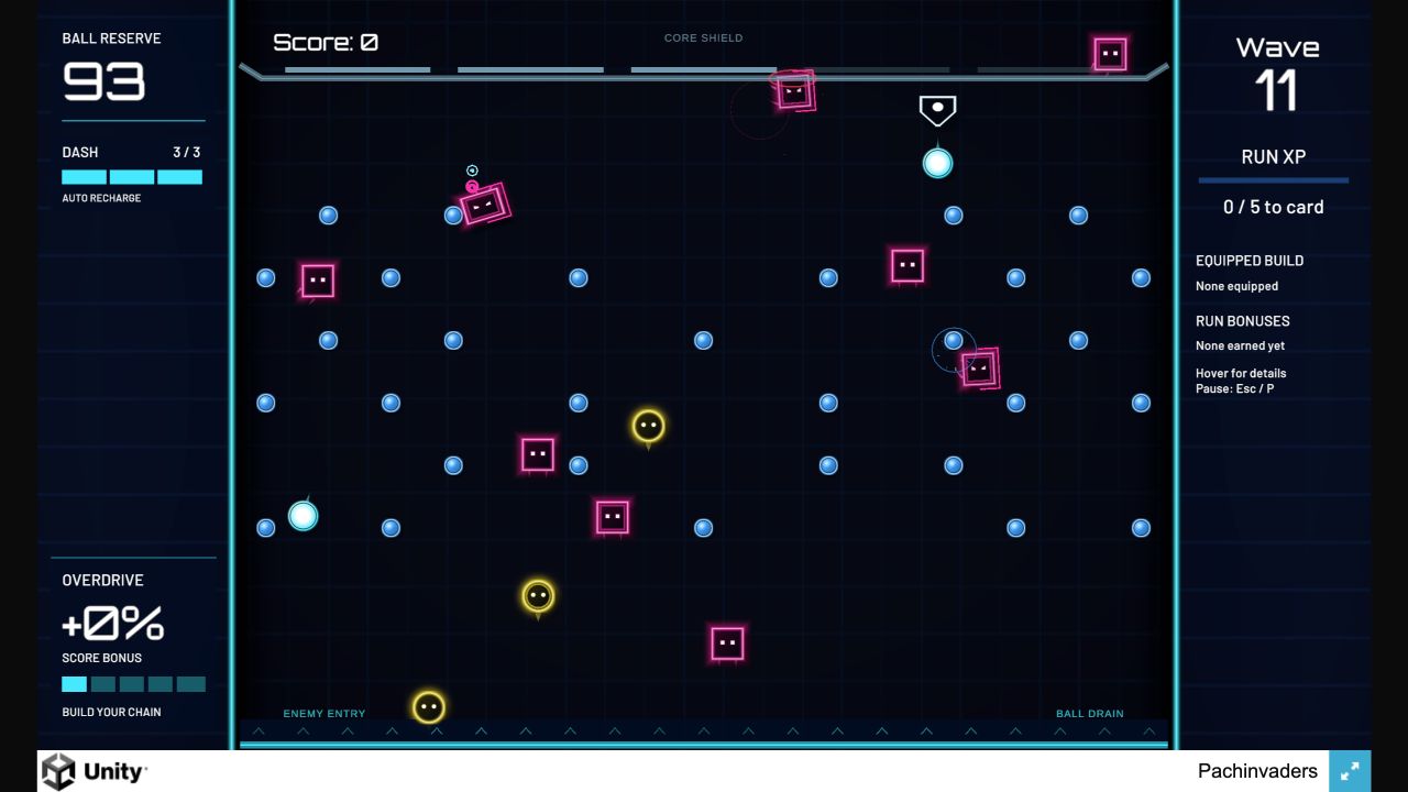 Pachinvaders gameplay: balls bouncing through blue pegs as square and circle enemies climb toward the core.
