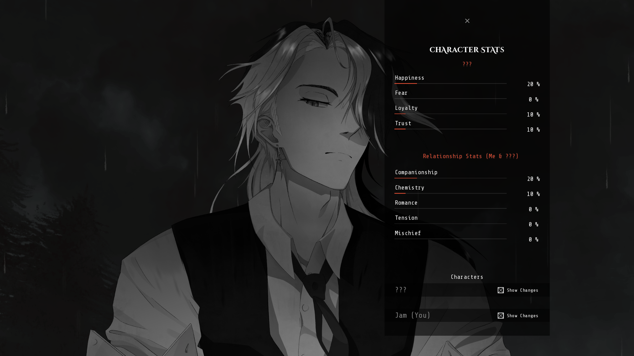 Darkness Calls the Raven: outside, on the road, character stats.