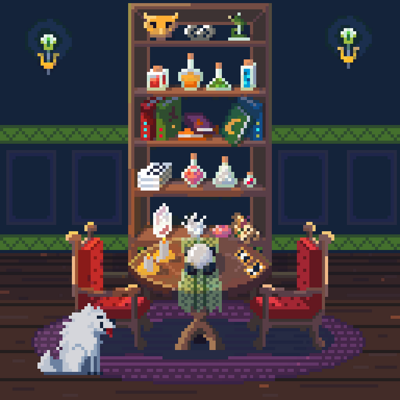 Haven Witch Pixel Pack &mdash; cozy witch interior: cabinet with potions, table with crystal ball, rug and chairs