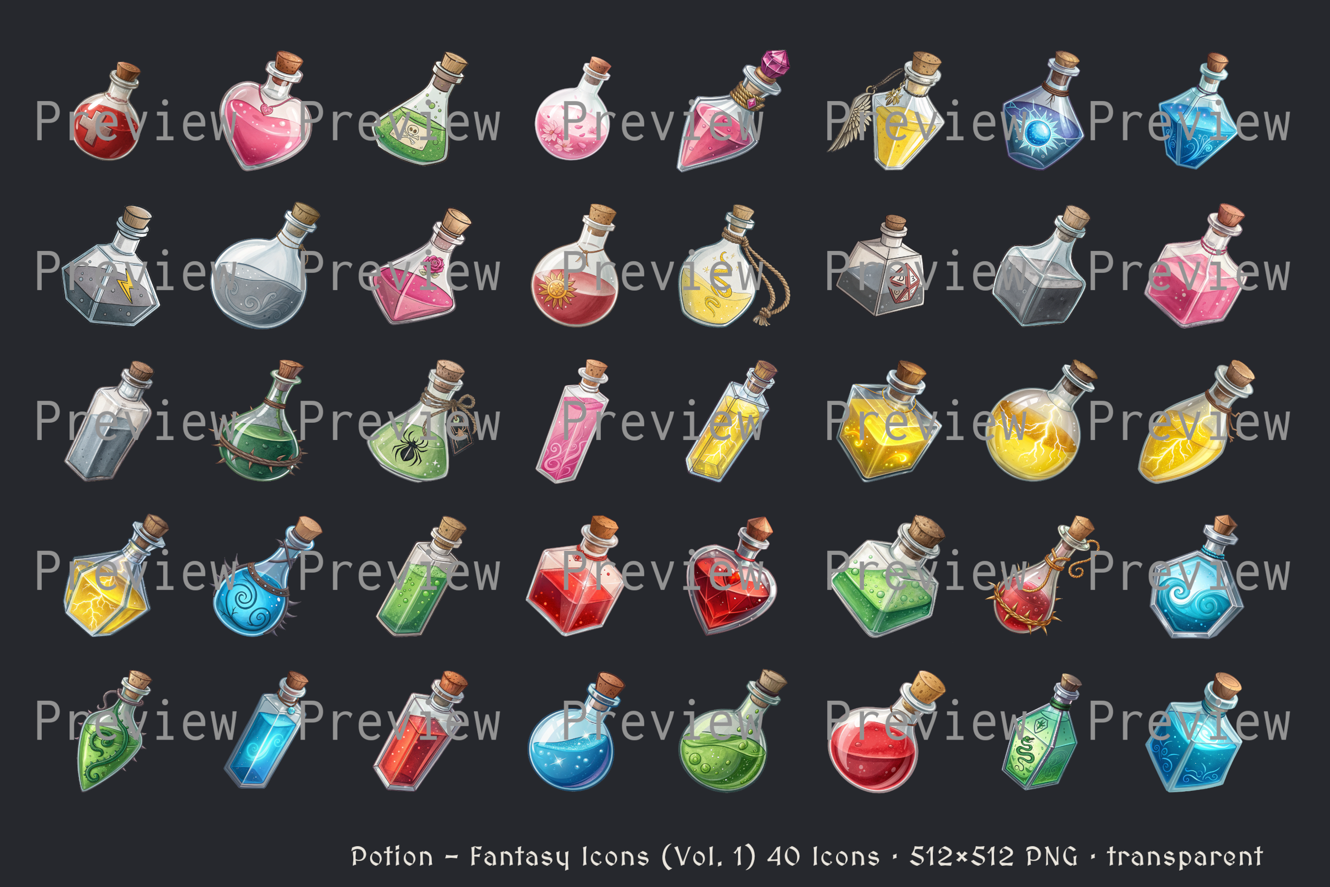 40 Potion Icons // Fantasy Style // PNG 512x512 by The Higalina Vault