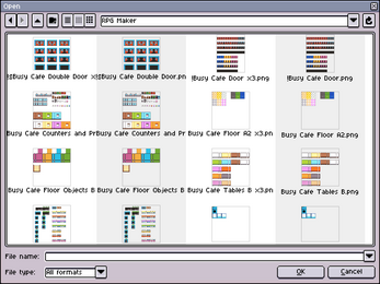 File browser window showing pixel art asset thumbnails and filenames for RPG Maker tilesets.