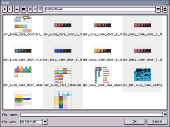 GameMaker file browser window showing sprite asset thumbnails and filenames for a pixel art game project.