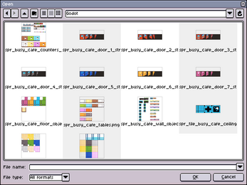 File browser window showing pixel art asset previews and filenames for a game project in Godot.