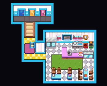 Pixel art cafe interior with tables, chairs, counter, kitchen area, and upstairs hallway with colorful doors.
