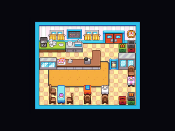 Pixel art cafe interior with counter, tables, chairs, kitchen appliances, and food items in a top-down view.