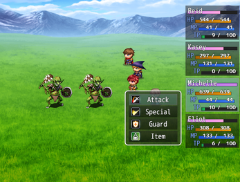 Turn-based RPG battle scene with four heroes facing two goblin enemies on a grassy field. Battle menu is open.