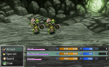 Turn-based RPG battle scene with two goblin enemies, player character stats, and action menu on a cave background.