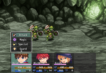 RPG battle screen with three heroes facing two goblin enemies in a cave, action menu and character stats visible.