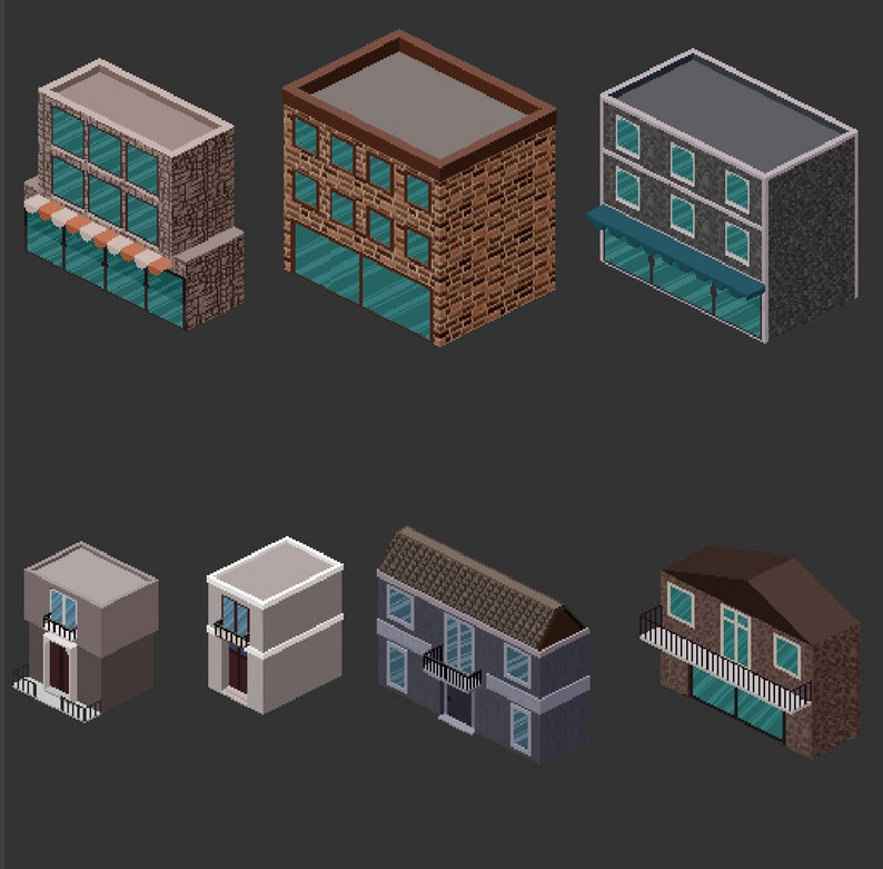 Isometric pixel buildings by Sweeetpotatoo