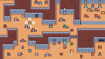 Pixel art dungeon scene with various characters, items, and stone walls in a maze-like layout