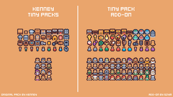 Pixel art icons of items, keys, and characters, split into original and add-on packs on a tan background.