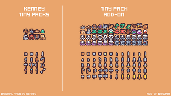 Pixel art sprites of characters and weapons, with original pack on the left and add-on pack with more items on the right.