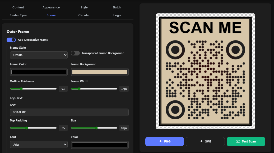 screenshot of frame options screenshot of frame options