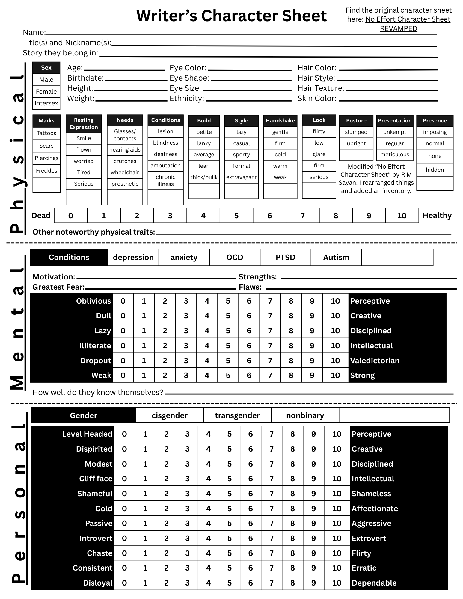 Writer's Character Sheet by Finn G Swan
