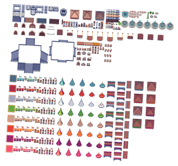 Pixel art tileset with various buildings, tents, market stalls, barrels, and colorful potion bottles.