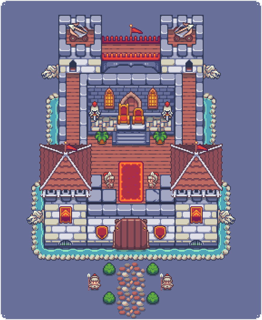 Pixel art castle with red roofs, guards, banners, and a moat, viewed from above in a medieval fantasy style.