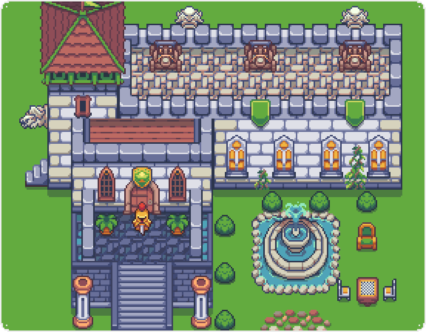 Pixel art castle with towers, battlements, a fountain, garden, and a character at the entrance.