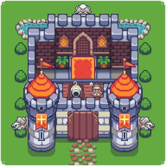 Pixel art castle with two round towers, orange roofs, flags, and a large wooden door on green grass.