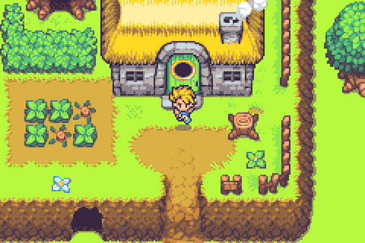 Pixel art game scene with a blond character exiting a stone house, surrounded by crops, trees, and a dirt path.