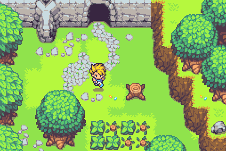Pixel art game scene with a blond character near a stone path, trees, a tree stump, and a stone wall with an open gate.
