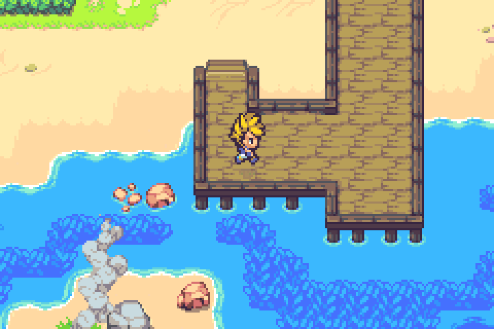 Pixel art character with blond hair stands on a wooden pier over blue water near a sandy beach and rocks.